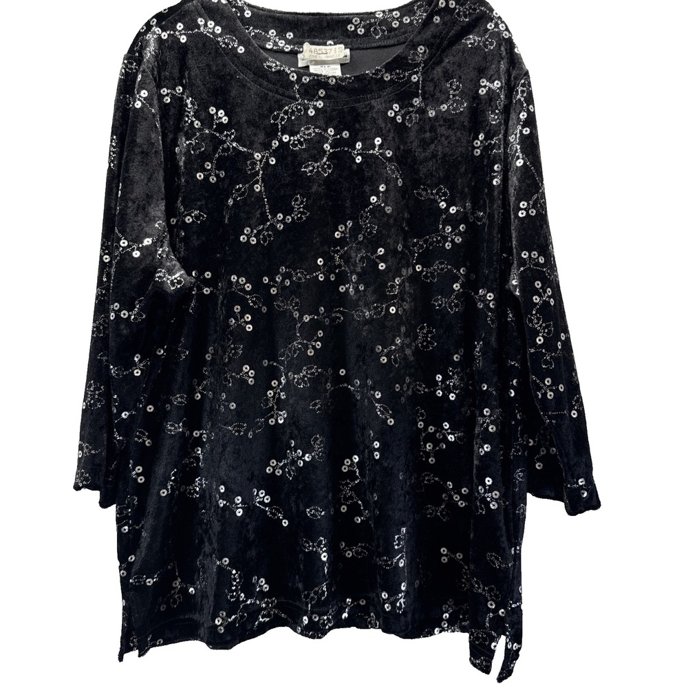 Anthony Richards Women's Top XLP Black Silver Velvet Metallic Soft 3/4 Sleeve